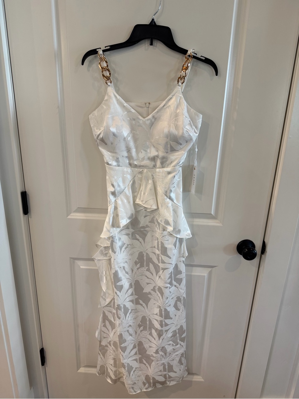 Siena Studio White Floral Lace Midi Dress with Gold Chain Straps and Peplum